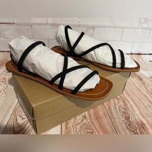 Lucky Brand Womens Black Strappy Flat Sandals Thong Toe Square Toe